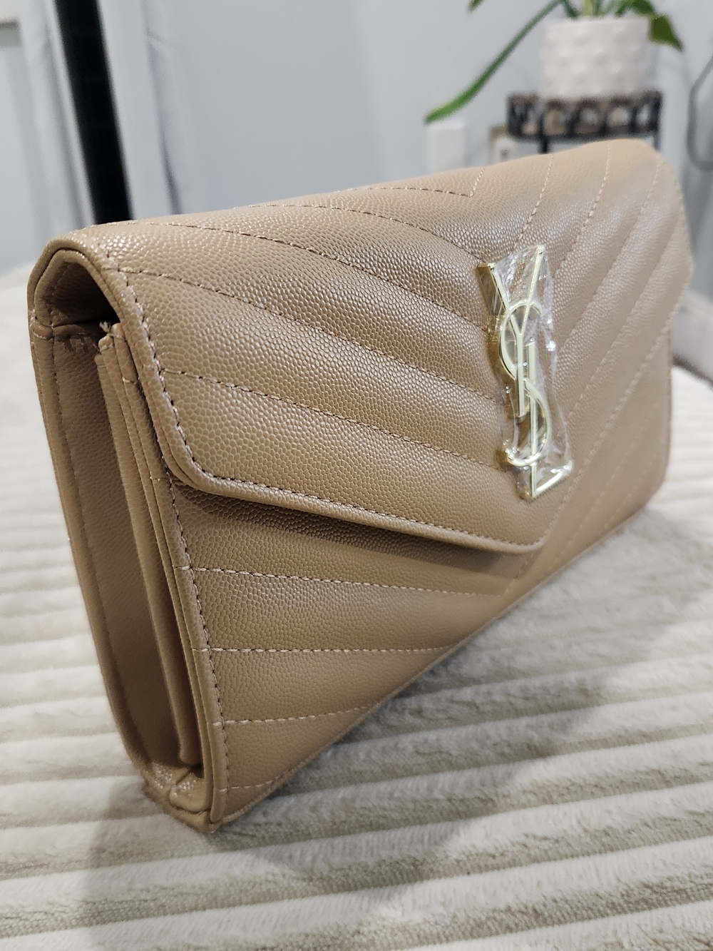 Saint Laurent Tan Quilted Leather Wristlet Clutch with Gold YSL Emblem